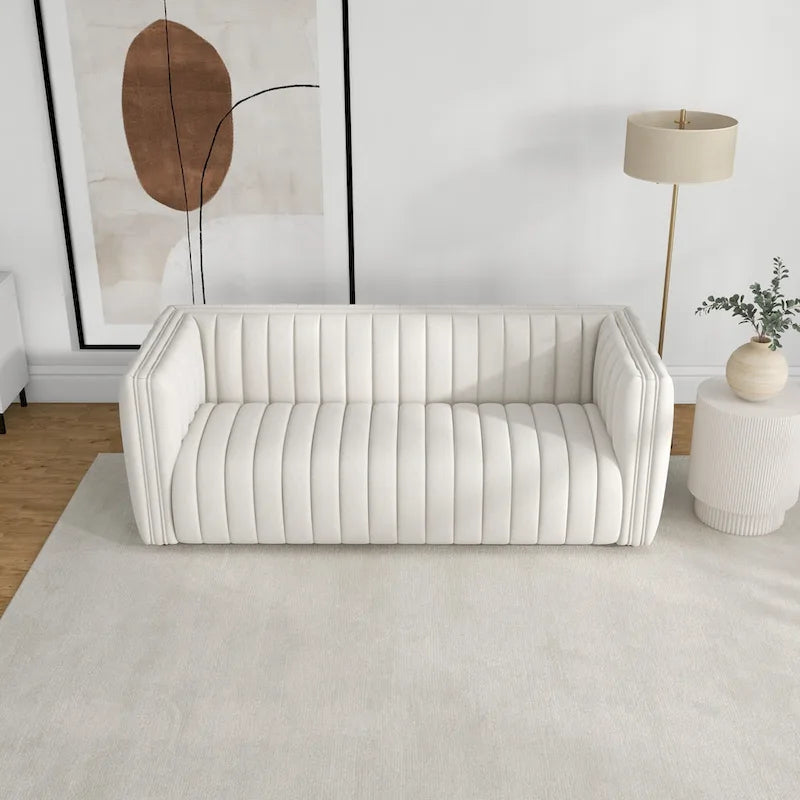 Mid-Century Modern Sofa - Cream Boucle, Tufted Back, Walnut Wood Legs, High-Density Foam
