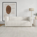 Mid-Century Modern Sofa - Cream Boucle, Tufted Back, Walnut Wood Legs, High-Density Foam
