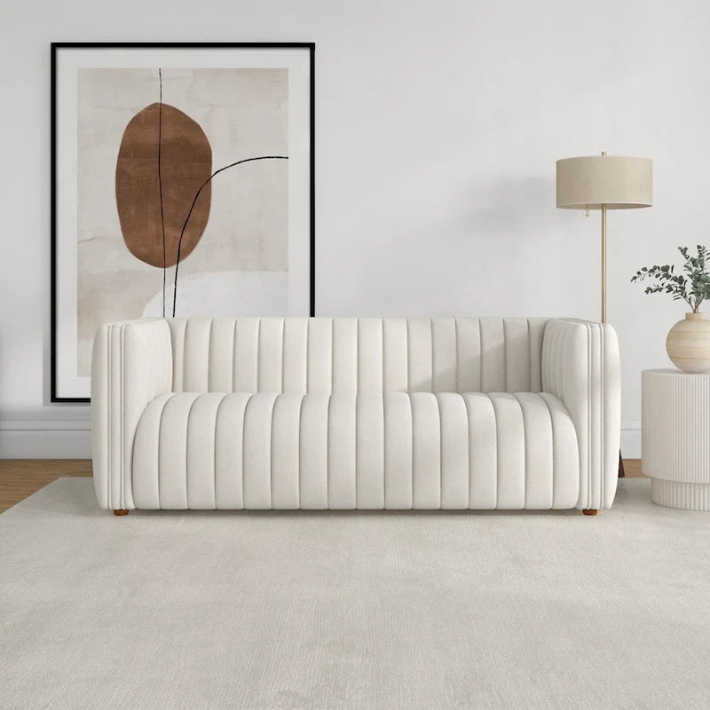 Mid-Century Modern Sofa - Cream Boucle, Tufted Back, Walnut Wood Legs, High-Density Foam