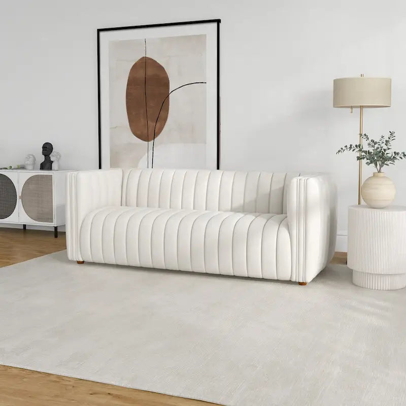 Mid-Century Modern Sofa - Cream Boucle, Tufted Back, Walnut Wood Legs, High-Density Foam