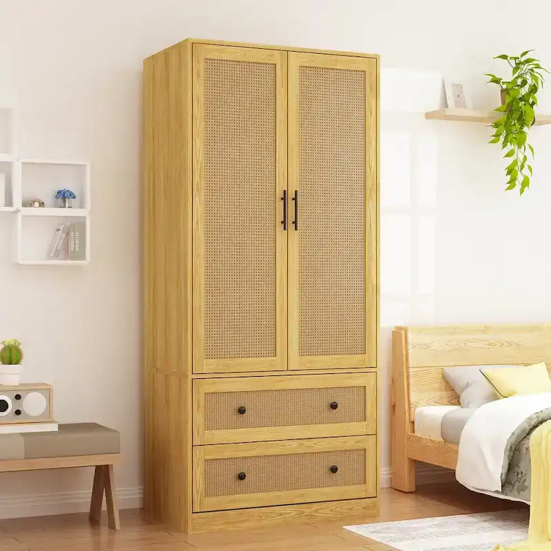 Wood Wardrobe Closet with Hanging Rod and Drawers - Storage Organizer