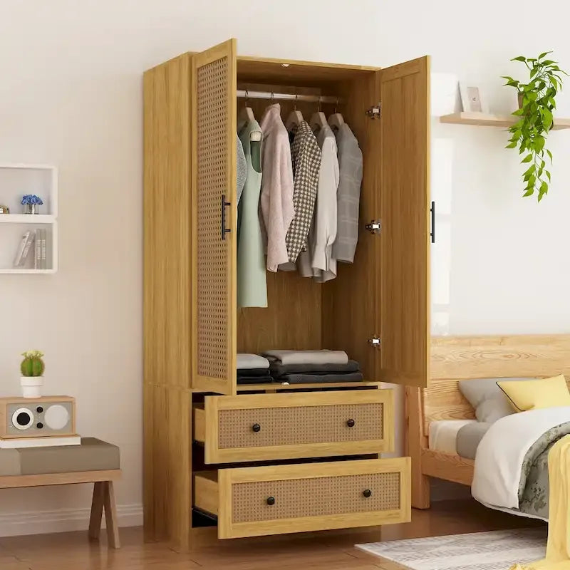 Wood Wardrobe - 2 Doors, 2 Drawers, Hanging Rod, 31.4"W x 70.9"H, Storage Organizer