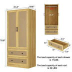 Wood Wardrobe - 2 Doors, 2 Drawers, Hanging Rod, 31.4"W x 70.9"H, Storage Organizer