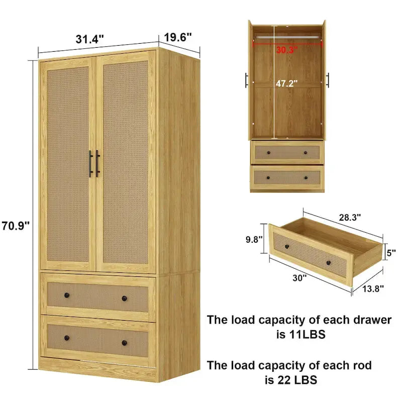 Wood Wardrobe - 2 Doors, 2 Drawers, Hanging Rod, 31.4"W x 70.9"H, Storage Organizer
