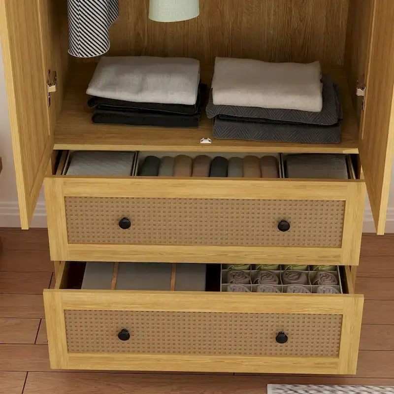 Wood Wardrobe - 2 Doors, 2 Drawers, Hanging Rod, 31.4"W x 70.9"H, Storage Organizer