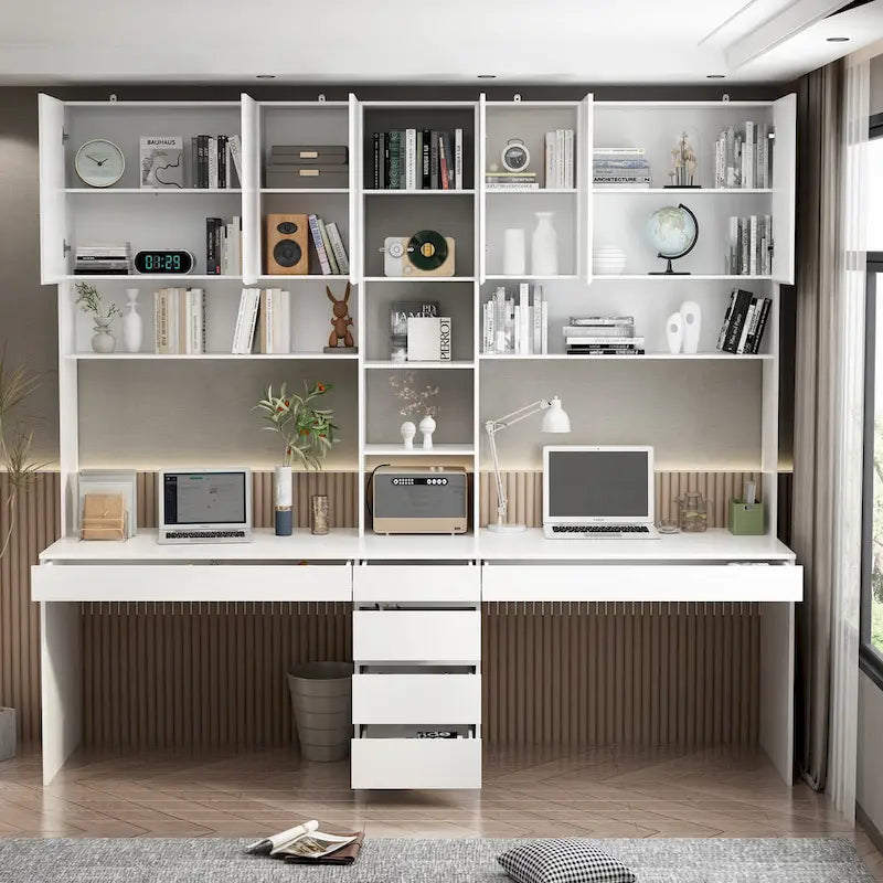 Modular Desk with Shelving - White, Contemporary, Multi-Use Workstation, Storage Shelves