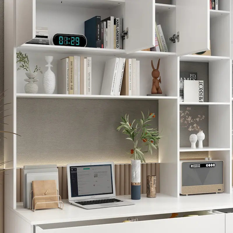 Modular Desk with Shelving - White, Contemporary, Multi-Use Workstation, Storage Shelves