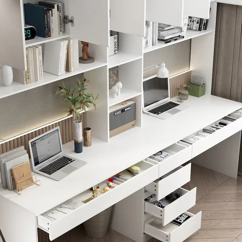 Modular Desk with Shelving - White, Contemporary, Multi-Use Workstation, Storage Shelves