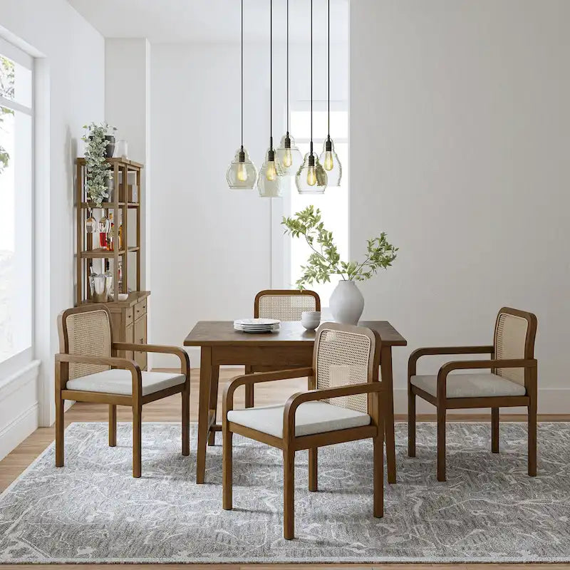 Modern Rattan Back Dining Chair with Removable Cushion - Rubber Wood Frame, Linen Upholstery