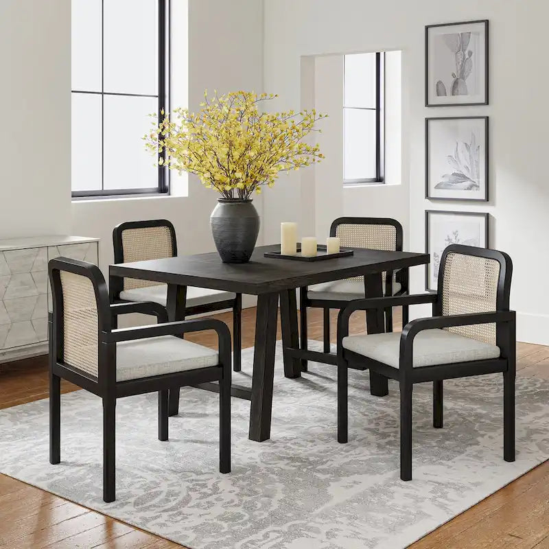 Modern Rattan Back Dining Chair with Removable Cushion - Rubber Wood Frame, Linen Upholstery