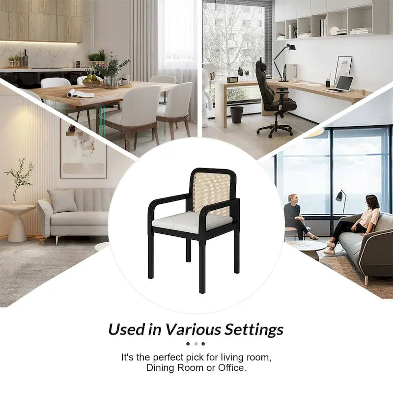 Modern Rattan Back Dining Chair with Removable Cushion - Rubber Wood Frame, Linen Upholstery