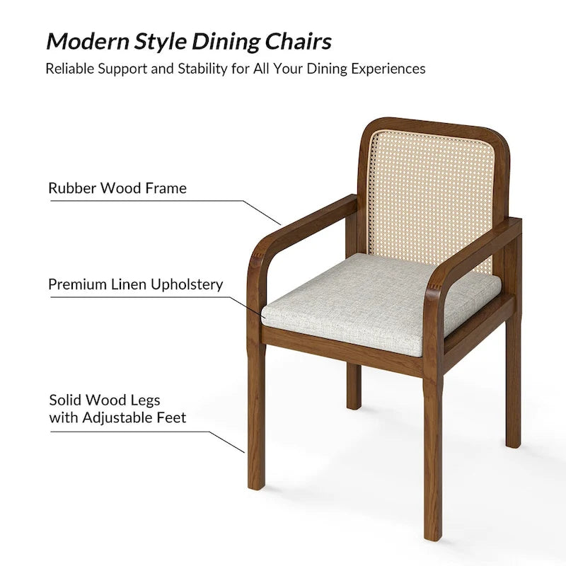 Modern Rattan Back Dining Chair with Removable Cushion - Rubber Wood Frame, Linen Upholstery