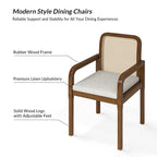 Modern Rattan Back Dining Chair with Removable Cushion - Rubber Wood Frame, Linen Upholstery