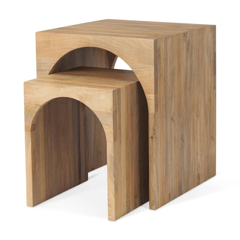 Nesting Accent Tables Set of 2 - Light Brown Mango Wood, Arched Design, 20"W x 24"H