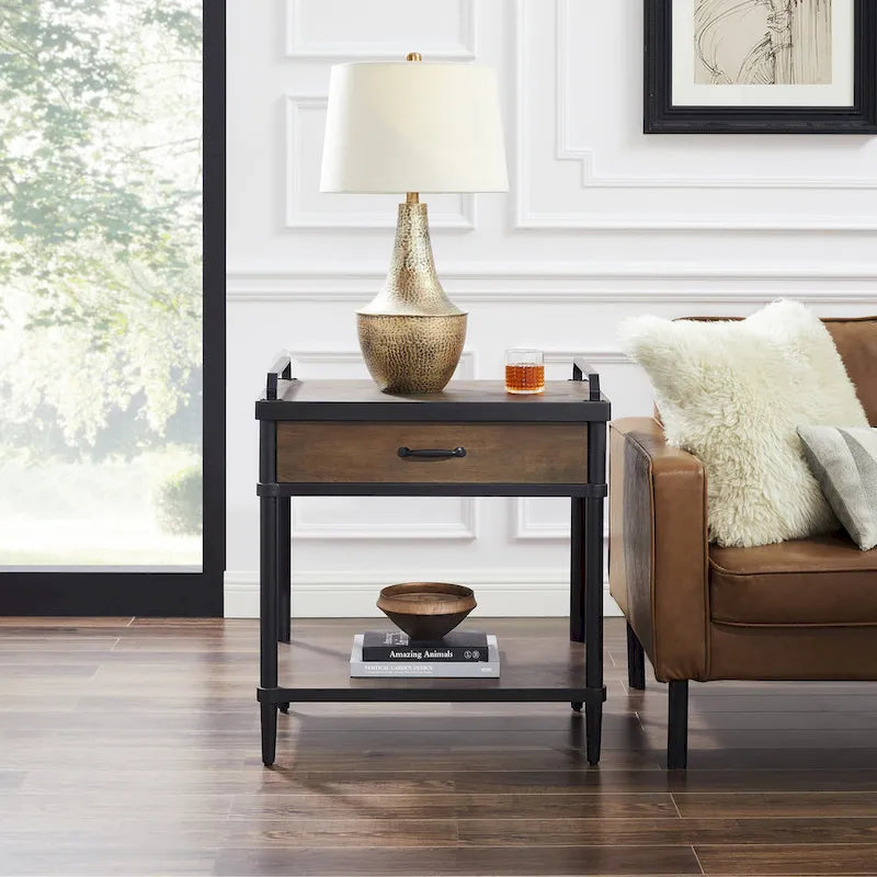 Mid-Century Side Table - Wood & Metal, 1 Drawer + Shelf, Minimalist Design, 35 lbs Capacity