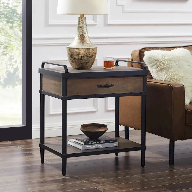 Mid-Century Side Table - Wood & Metal, 1 Drawer + Shelf, Minimalist Design, 35 lbs Capacity