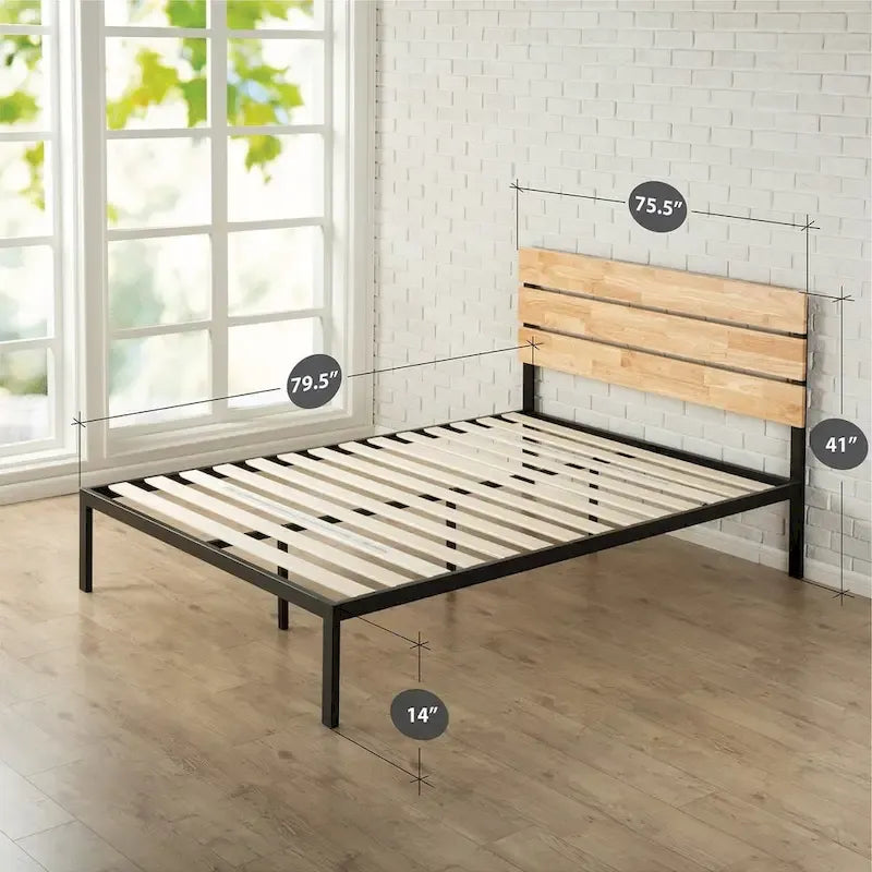 King Platform Bed Frame - Metal & Wood Headboard, Wood Slats, Low Profile, 80.5"L x 76.8"W