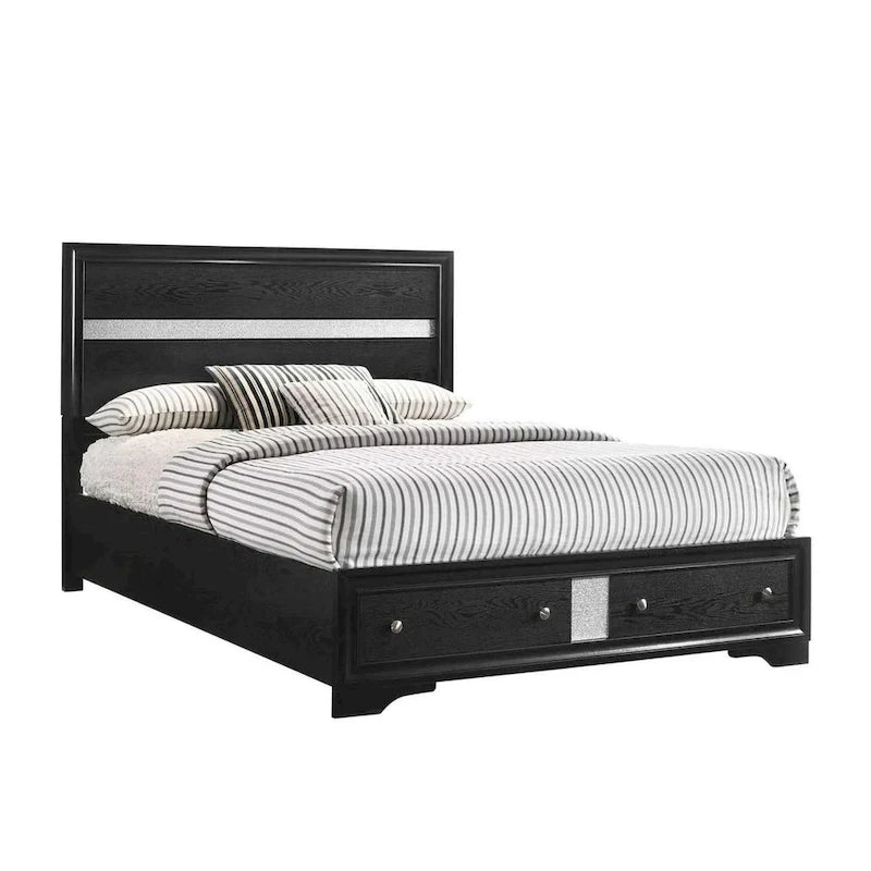 King Storage Bed - Black Wood, Silver Striped Headboard, 2 Drawers, 84.2"L x 79.3"W x 50"H