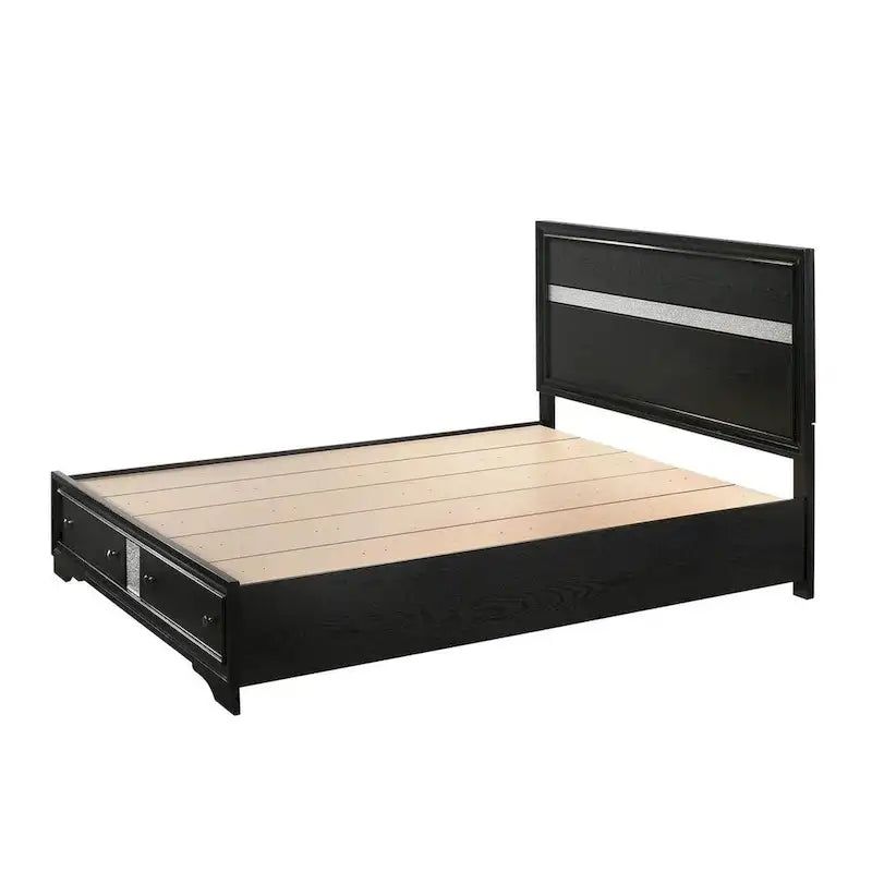 King Storage Bed - Black Wood, Silver Striped Headboard, 2 Drawers, 84.2"L x 79.3"W x 50"H