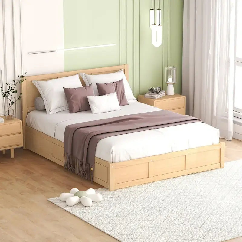 Queen Platform Bed - Pine Wood & MDF, 2 Drawers, Under-Bed Storage, 10 Slats, 600 lbs Capacity