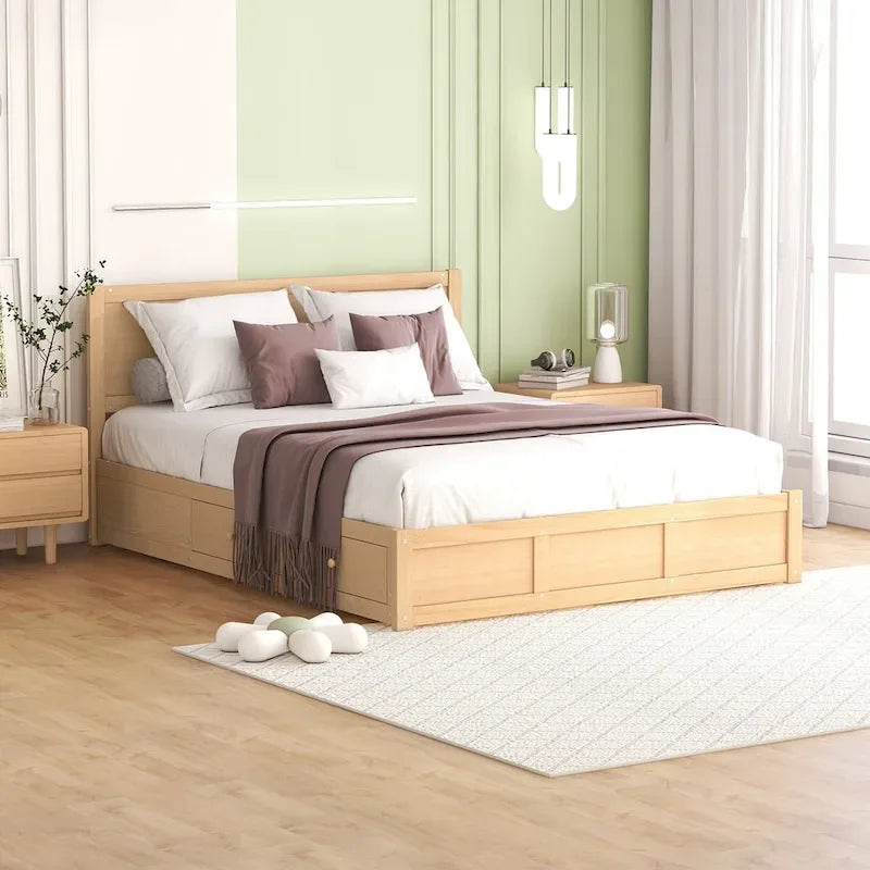 Queen Platform Bed - Pine Wood & MDF, 2 Drawers, Under-Bed Storage, 10 Slats, 600 lbs Capacity