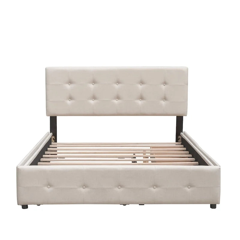 Queen Platform Bed - Linen, Tufted Headboard, 2 Drawers, Twin XL Trundle, 600 lbs Capacity