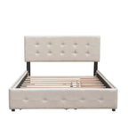 Queen Platform Bed - Linen, Tufted Headboard, 2 Drawers, Twin XL Trundle, 600 lbs Capacity
