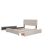 Queen Platform Bed - Linen, Tufted Headboard, 2 Drawers, Twin XL Trundle, 600 lbs Capacity