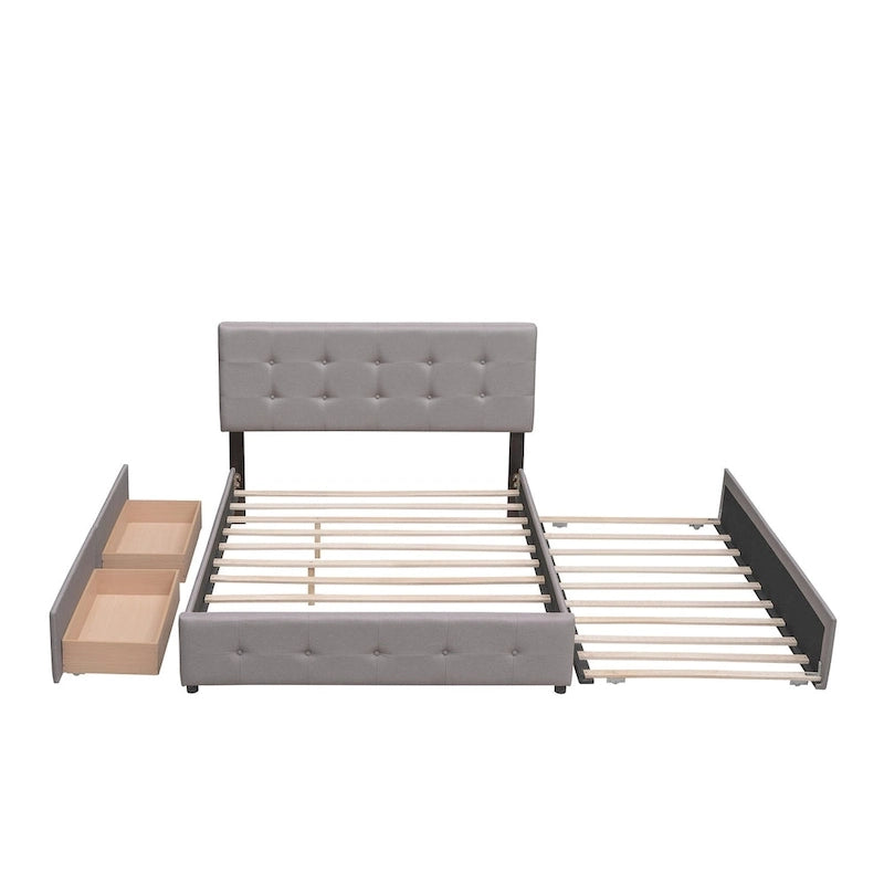 Queen Platform Bed - Linen, Tufted Headboard, 2 Drawers, Twin XL Trundle, 600 lbs Capacity