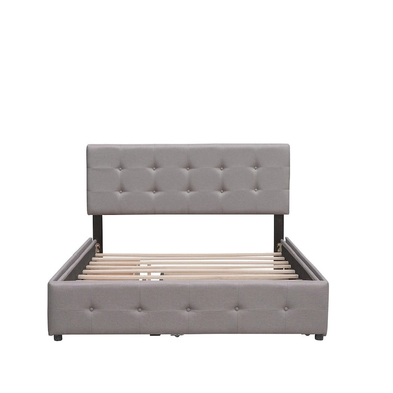 Queen Platform Bed - Linen, Tufted Headboard, 2 Drawers, Twin XL Trundle, 600 lbs Capacity