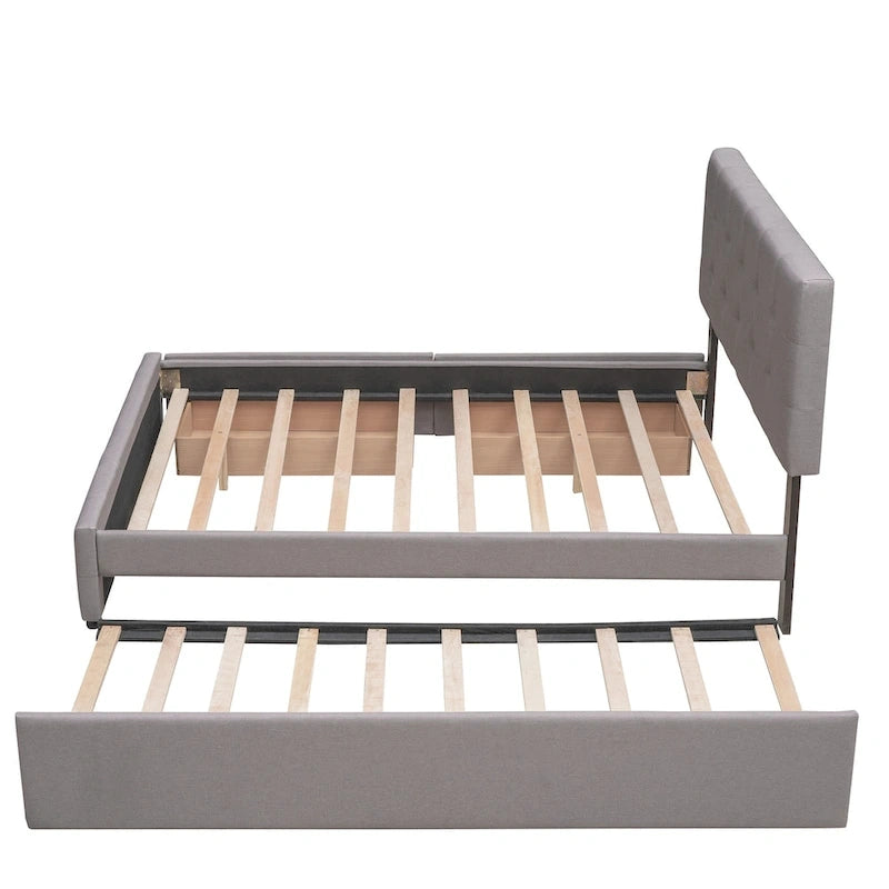 Queen Platform Bed - Linen, Tufted Headboard, 2 Drawers, Twin XL Trundle, 600 lbs Capacity