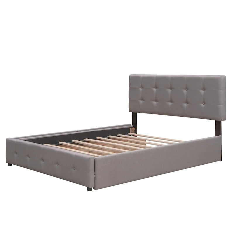 Queen Platform Bed - Linen, Tufted Headboard, 2 Drawers, Twin XL Trundle, 600 lbs Capacity