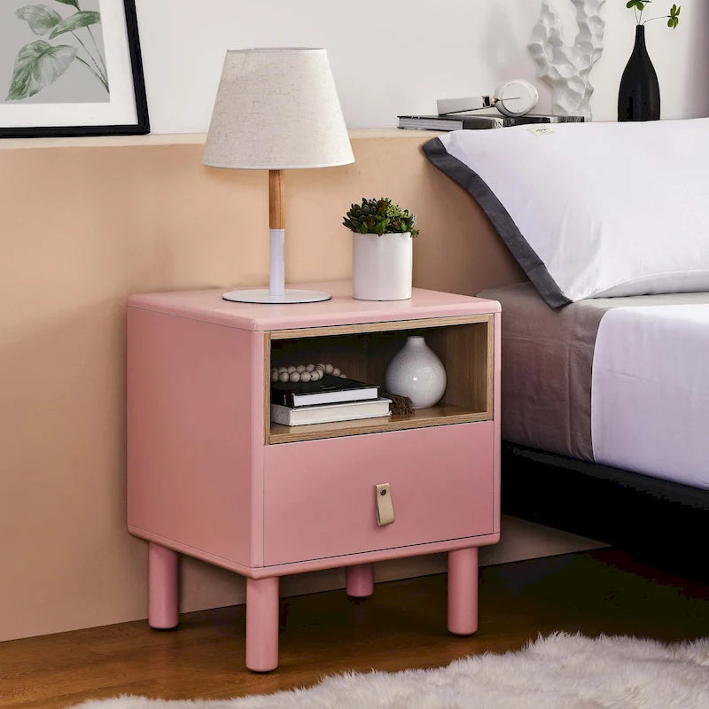 Nightstand - MDF & Solid Wood, 1 Drawer, Open Shelf, Leather Handles, 18.9"W x 21.65"H, Modern