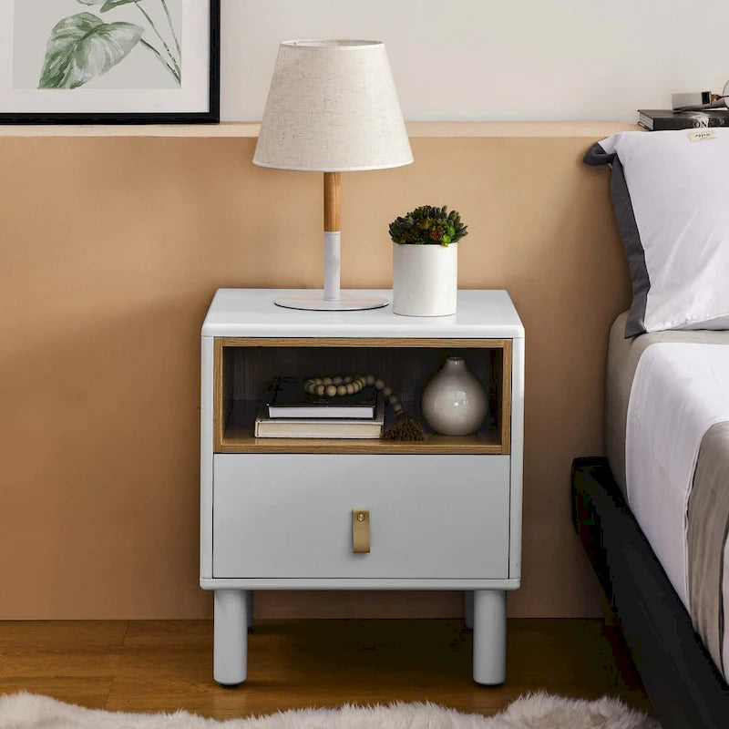 Nightstand - MDF & Solid Wood, 1 Drawer, Open Shelf, Leather Handles, 18.9"W x 21.65"H, Modern