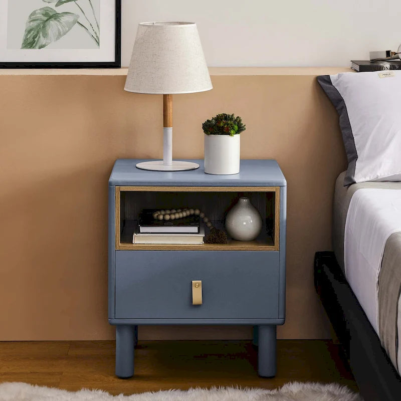 Nightstand - MDF & Solid Wood, 1 Drawer, Open Shelf, Leather Handles, 18.9"W x 21.65"H, Modern