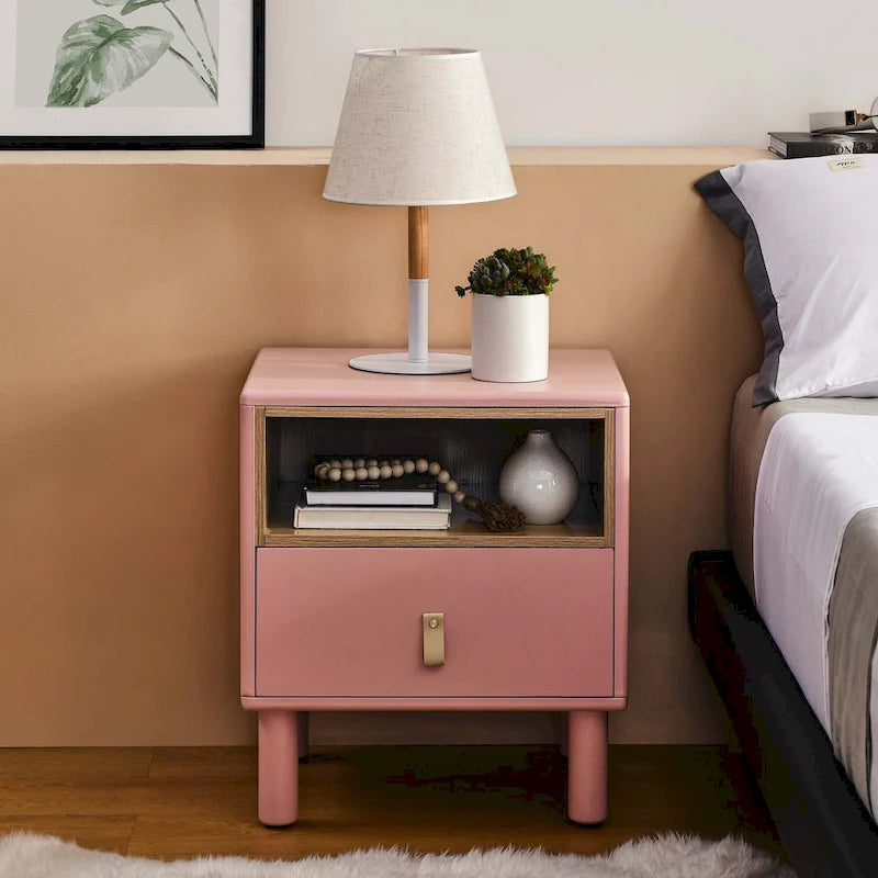 Nightstand - MDF & Solid Wood, 1 Drawer, Open Shelf, Leather Handles, 18.9"W x 21.65"H, Modern