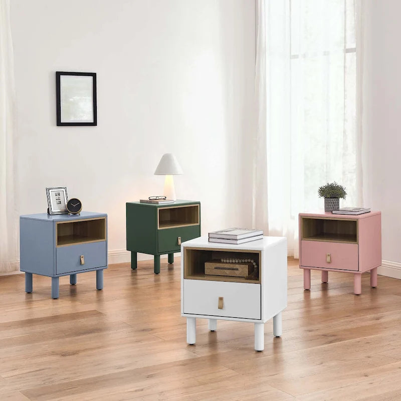 Nightstand - MDF & Solid Wood, 1 Drawer, Open Shelf, Leather Handles, 18.9"W x 21.65"H, Modern