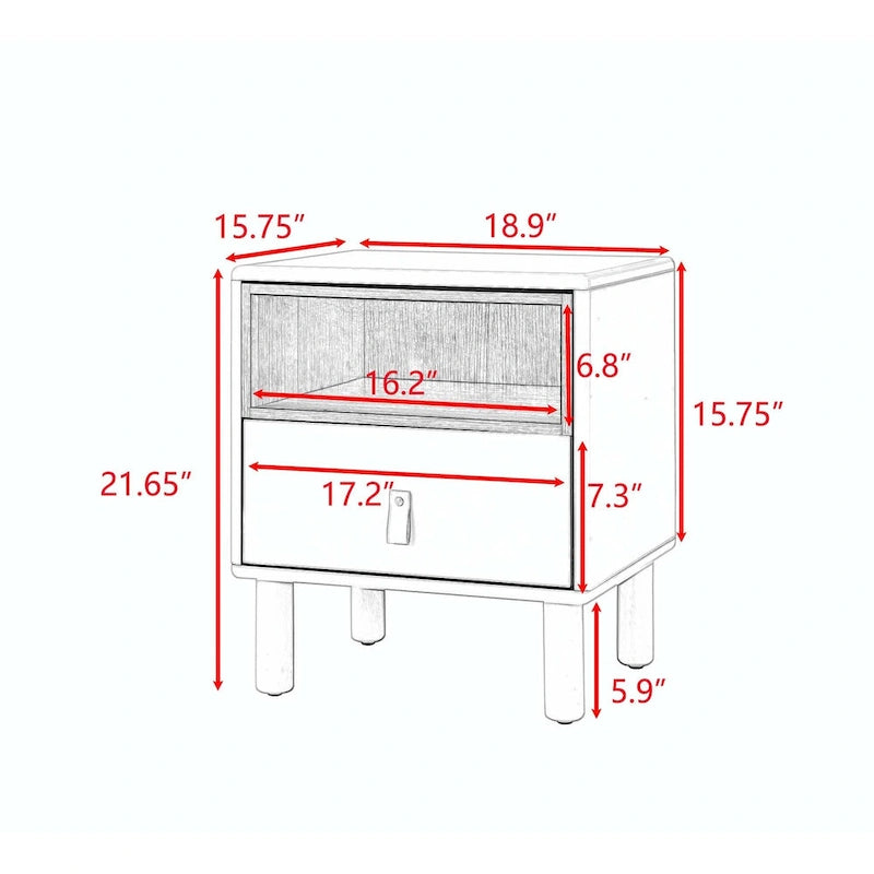Nightstand - MDF & Solid Wood, 1 Drawer, Open Shelf, Leather Handles, 18.9"W x 21.65"H, Modern