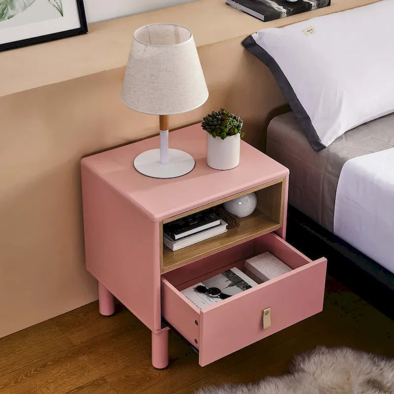 Nightstand - MDF & Solid Wood, 1 Drawer, Open Shelf, Leather Handles, 18.9"W x 21.65"H, Modern