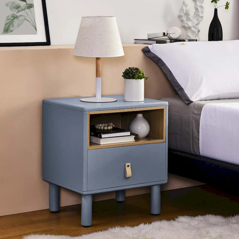 Nightstand - MDF & Solid Wood, 1 Drawer, Open Shelf, Leather Handles, 18.9"W x 21.65"H, Modern