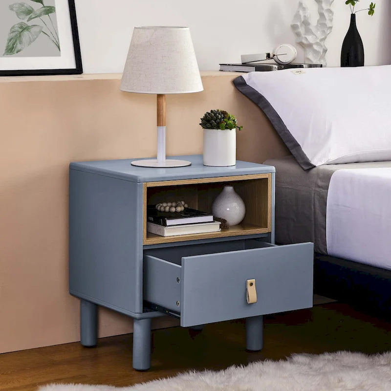 Nightstand - MDF & Solid Wood, 1 Drawer, Open Shelf, Leather Handles, 18.9"W x 21.65"H, Modern