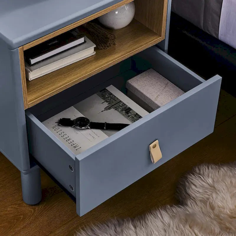 Nightstand - MDF & Solid Wood, 1 Drawer, Open Shelf, Leather Handles, 18.9"W x 21.65"H, Modern