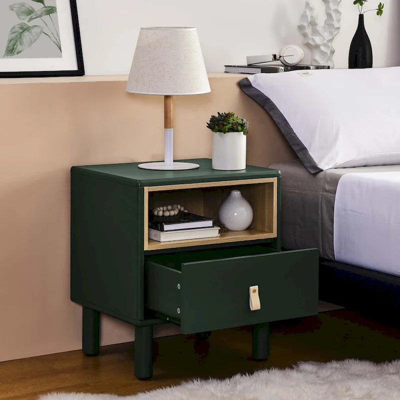 Nightstand - MDF & Solid Wood, 1 Drawer, Open Shelf, Leather Handles, 18.9"W x 21.65"H, Modern
