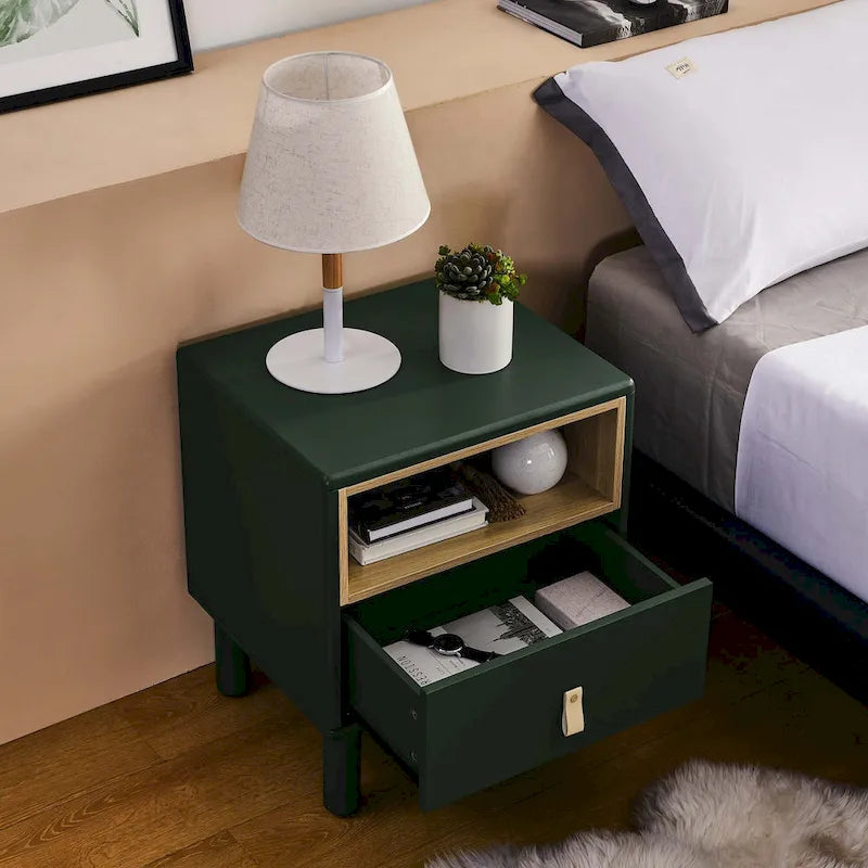 Nightstand - MDF & Solid Wood, 1 Drawer, Open Shelf, Leather Handles, 18.9"W x 21.65"H, Modern