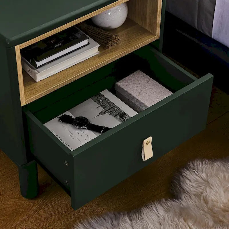 Nightstand - MDF & Solid Wood, 1 Drawer, Open Shelf, Leather Handles, 18.9"W x 21.65"H, Modern