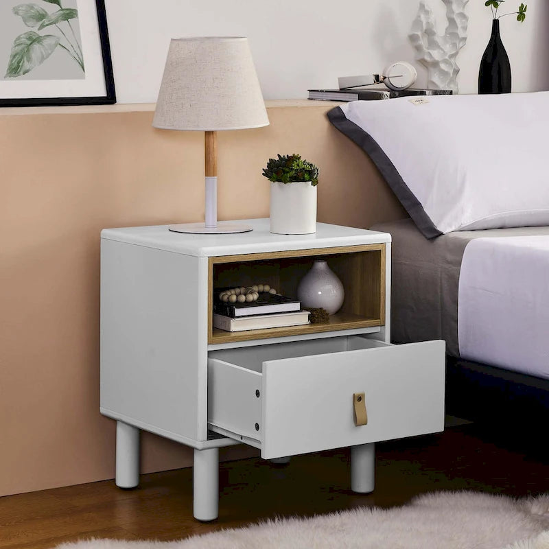Nightstand - MDF & Solid Wood, 1 Drawer, Open Shelf, Leather Handles, 18.9"W x 21.65"H, Modern