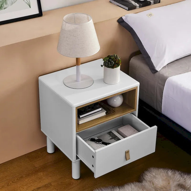 Nightstand - MDF & Solid Wood, 1 Drawer, Open Shelf, Leather Handles, 18.9"W x 21.65"H, Modern