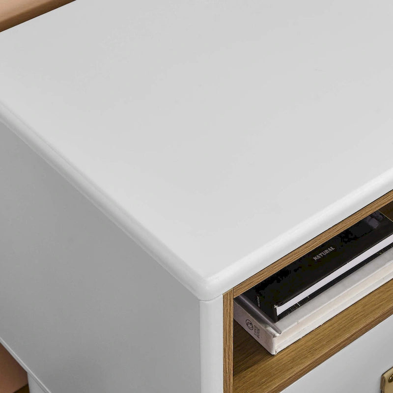 Nightstand - MDF & Solid Wood, 1 Drawer, Open Shelf, Leather Handles, 18.9"W x 21.65"H, Modern