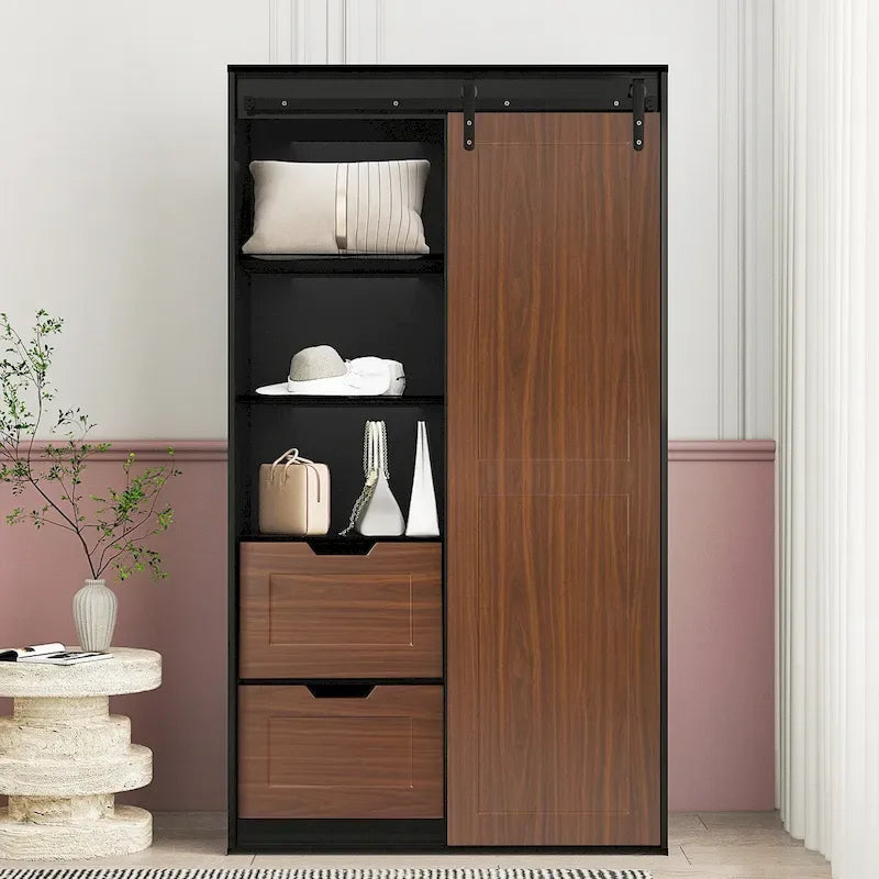 Sliding Barn Door Wardrobe - Black & Brown, 71"H, Hanging Rod, Drawers, Floor-to-Ceiling Design