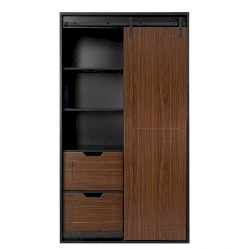 Sliding Barn Door Wardrobe - Black & Brown, 71"H, Hanging Rod, Drawers, Floor-to-Ceiling Design